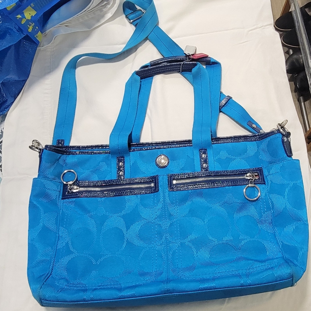 Coach Blue Multi-Function Canvas Bag with Patent Leather Accents